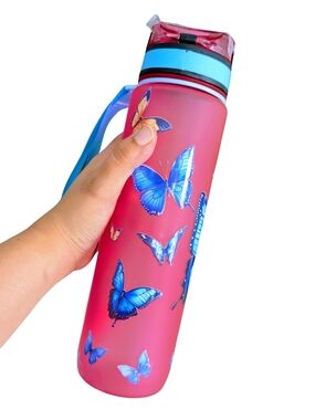 Pink Butterfly Water Bottle with Blue Accents